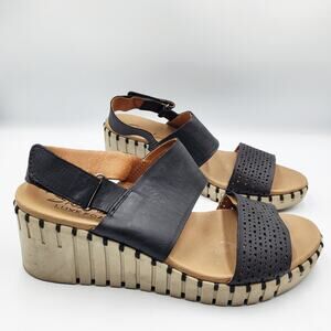 Skechers Luxe Foam Pier Ave Black Leather Wedge Slingback Sandals Women's Size 8